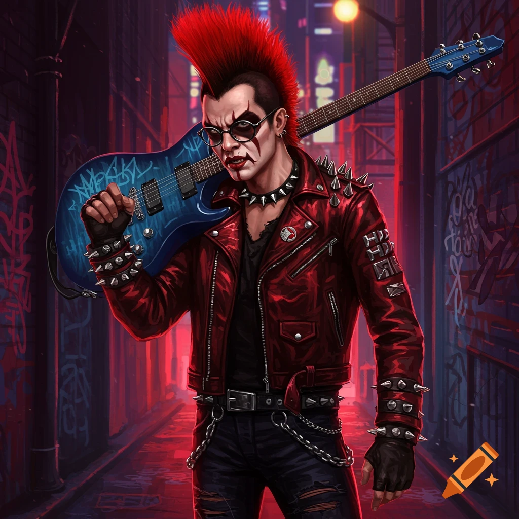 A punk rock man with red spiky hair, Kiss-like face paint, spiked glasses, and a red leather jacket holds a blue electric guitar in a dark alley with graffiti.