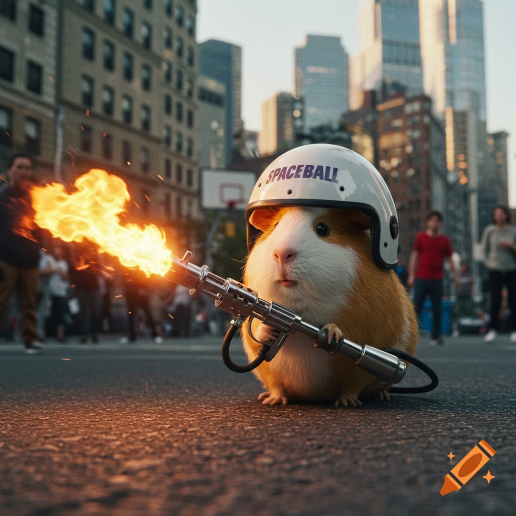 A guinea pig wearing a white Spaceball helmet holds a flamethrower emitting a large flame, standing on a city street.