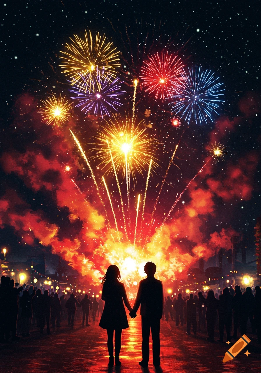 Illustrative image of a couple holding hands, watching colorful fireworks explode over a crowd at night.