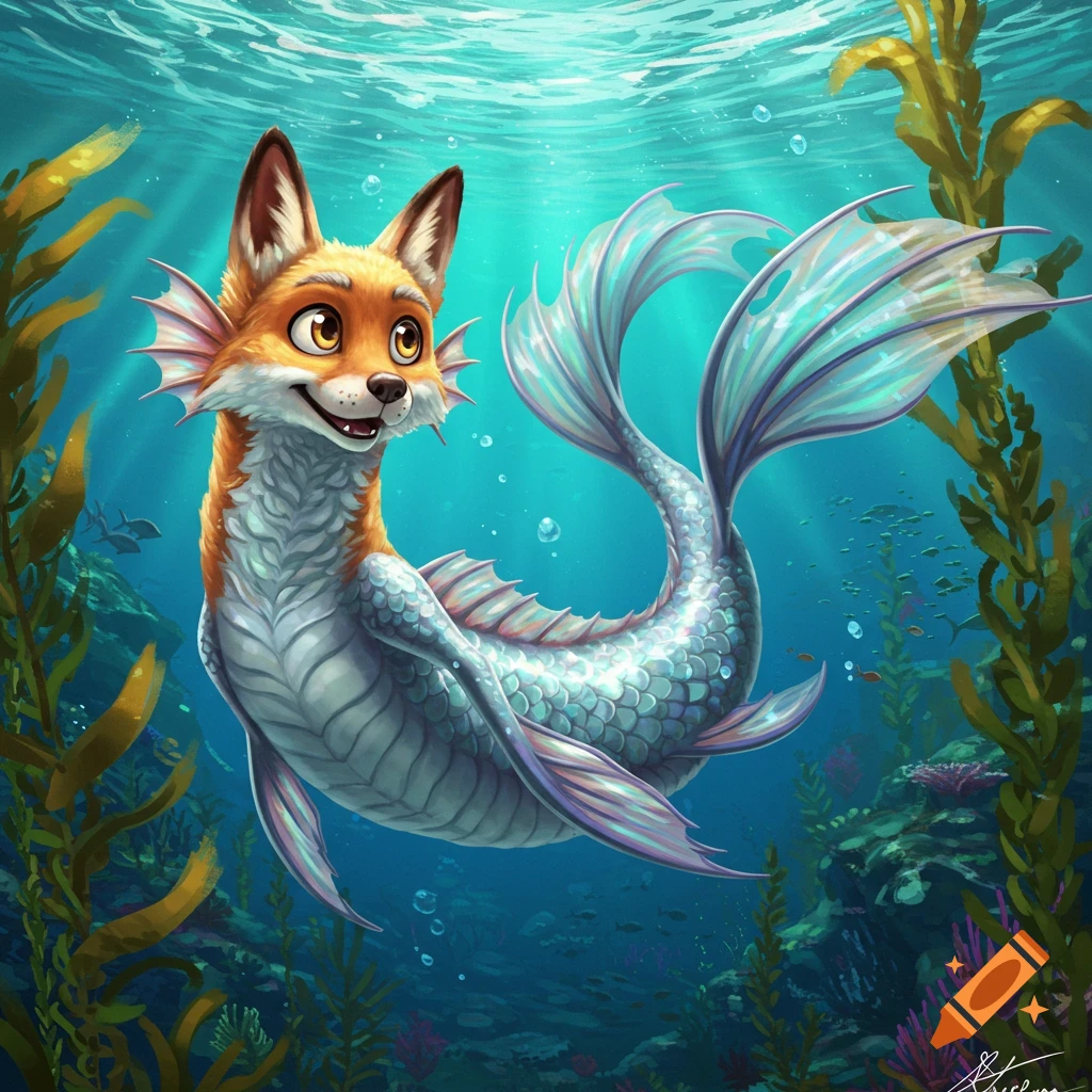 A cheerful, orange and white fox-mermaid creature swims happily underwater with a blue scaly tail amidst green seaweed in a vibrant cartoon style.