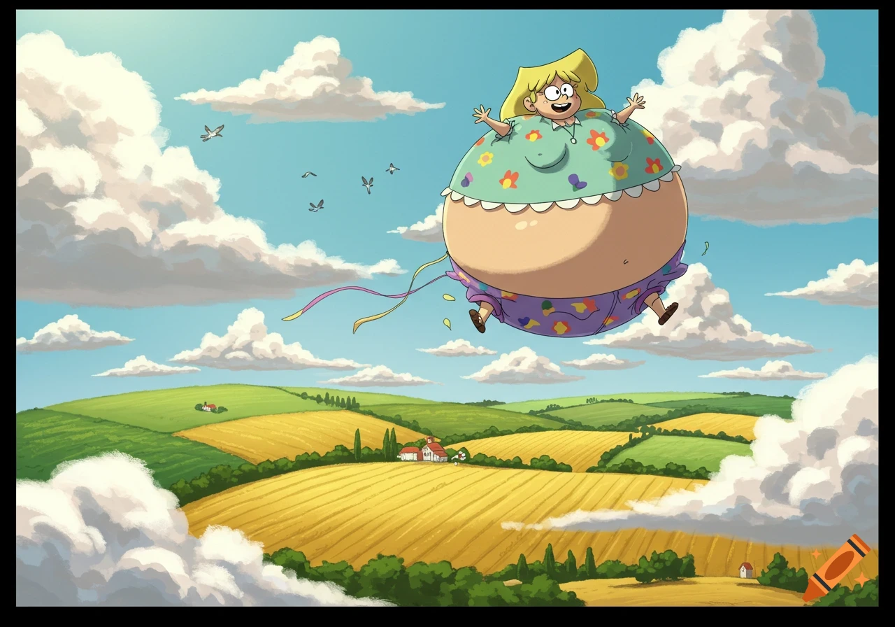 Cartoon character Lori Loud, inflated like a large balloon, floats high in a blue sky above a green and yellow rural landscape.