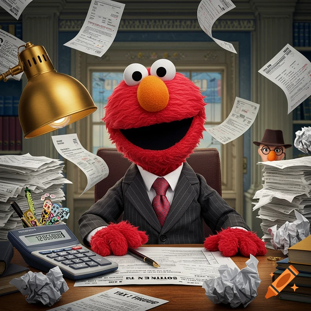 Photorealistic Elmo in a pinstripe suit and red tie sits at a desk piled with papers and a calculator, looking mischievous.