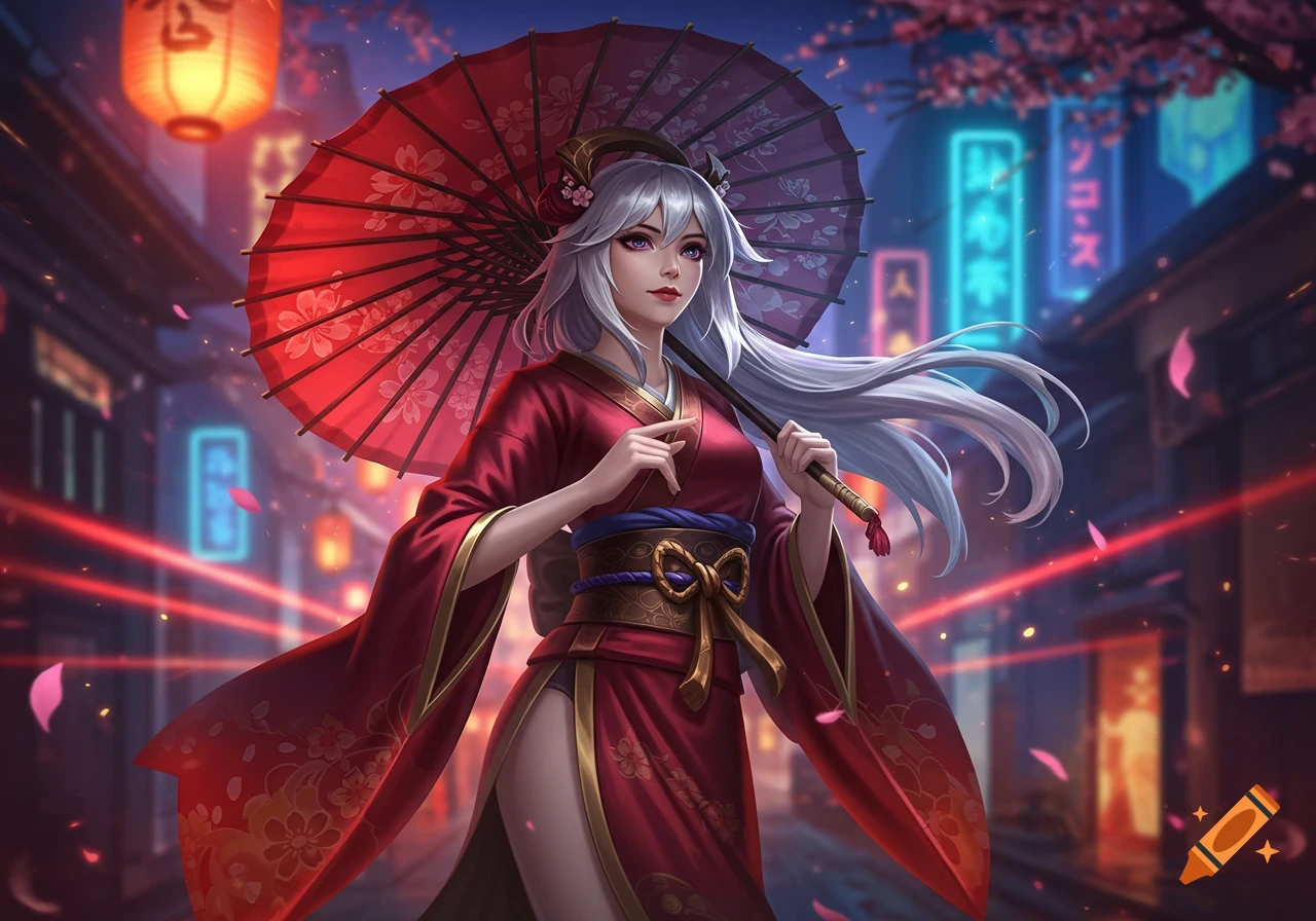 A female fantasy character with long white hair in a red kimono and holding a red umbrella walks through a neon-lit Japanese street.