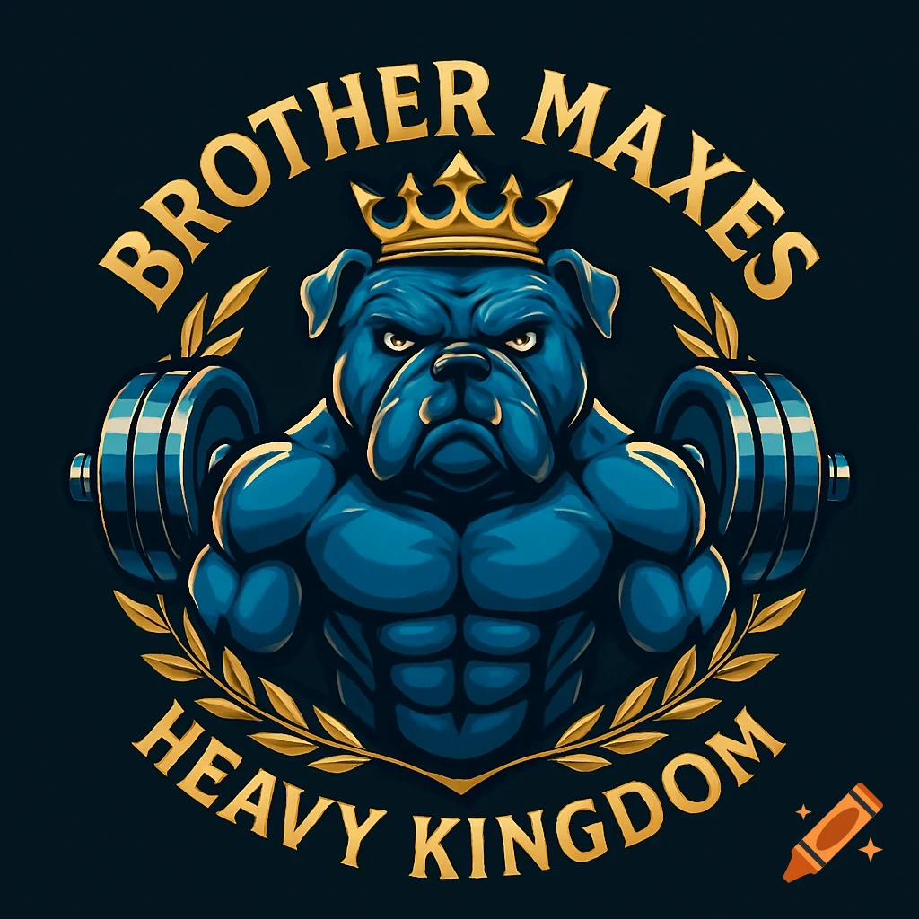 A gym logo featuring a muscular blue bulldog wearing a golden crown, flanked by dumbbells and 'BROTHER MAXES HEAVY KINGDOM' text.