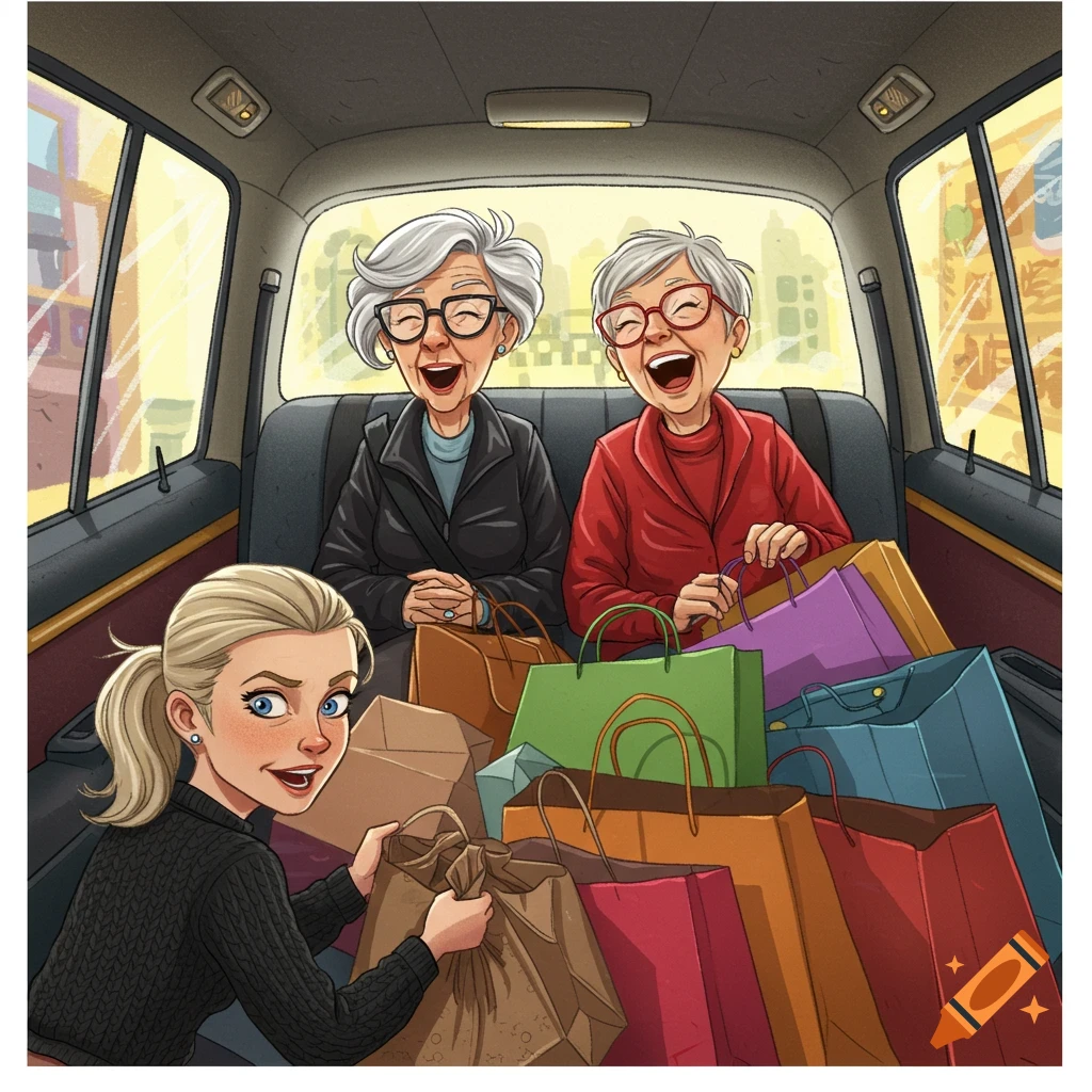 Three women, two older and laughing in the back of a taxi, one younger in the foreground organizing numerous colorful shopping bags, in a cartoon style.