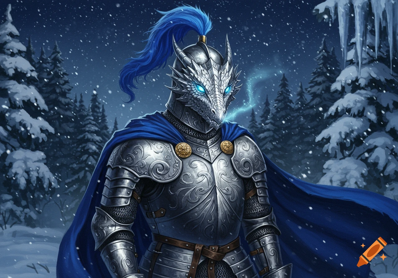 A silver dragon-faced knight in ornate steel armor and a blue cape stands in a snowy forest at night, breathing icy vapor.
