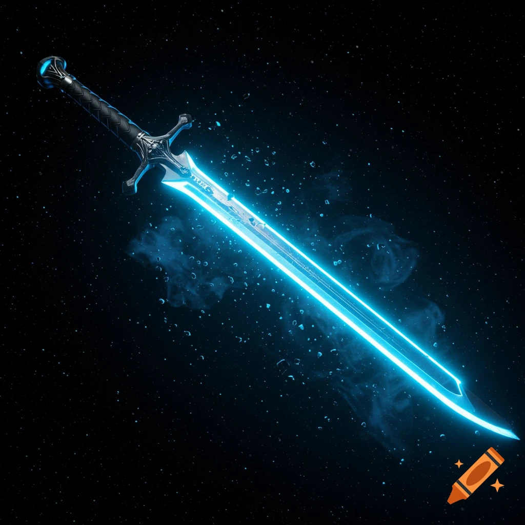 A double-edged sword with a glowing blue blade and hilt, set against a dark, starry background with floating debris.