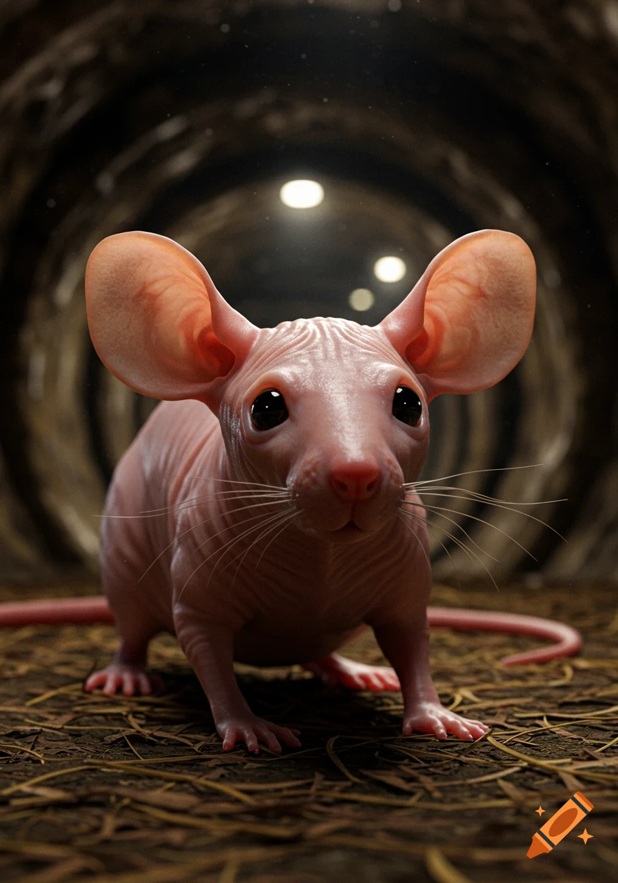 A highly detailed, photorealistic image of a pink, hairless rat with large ears and black eyes, standing in a dark, textured tunnel with light sources in the background.
