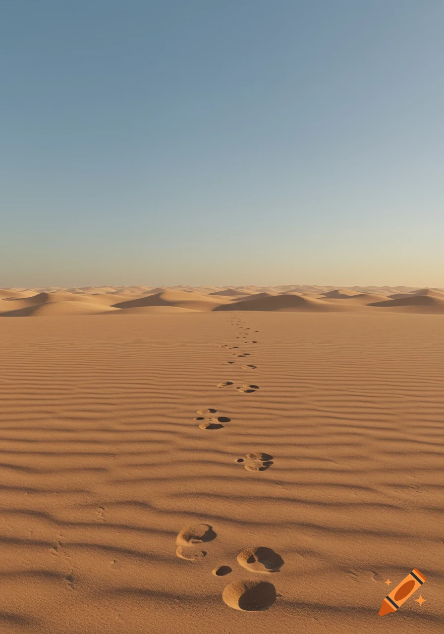 Footprints trail across sandy desert dunes under a clear blue sky.