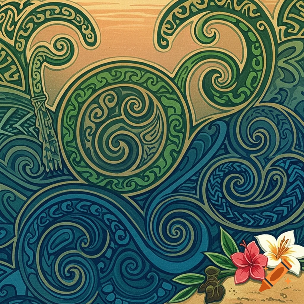 An intricate illustration of Polynesian designs with green and blue waves, featuring red and white tropical flowers on sand.