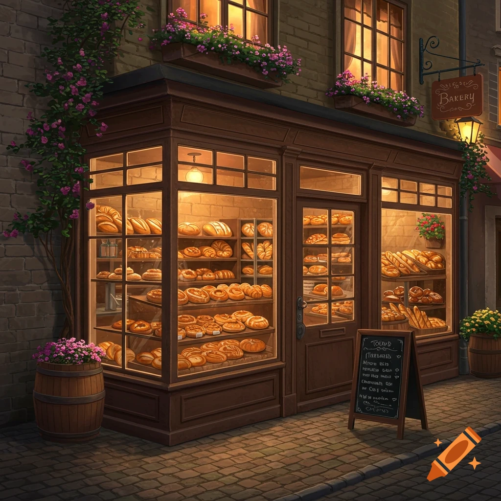A warmly lit bakery storefront with display windows full of bread and pastries, flower boxes, and a chalkboard sign on a cobblestone sidewalk.