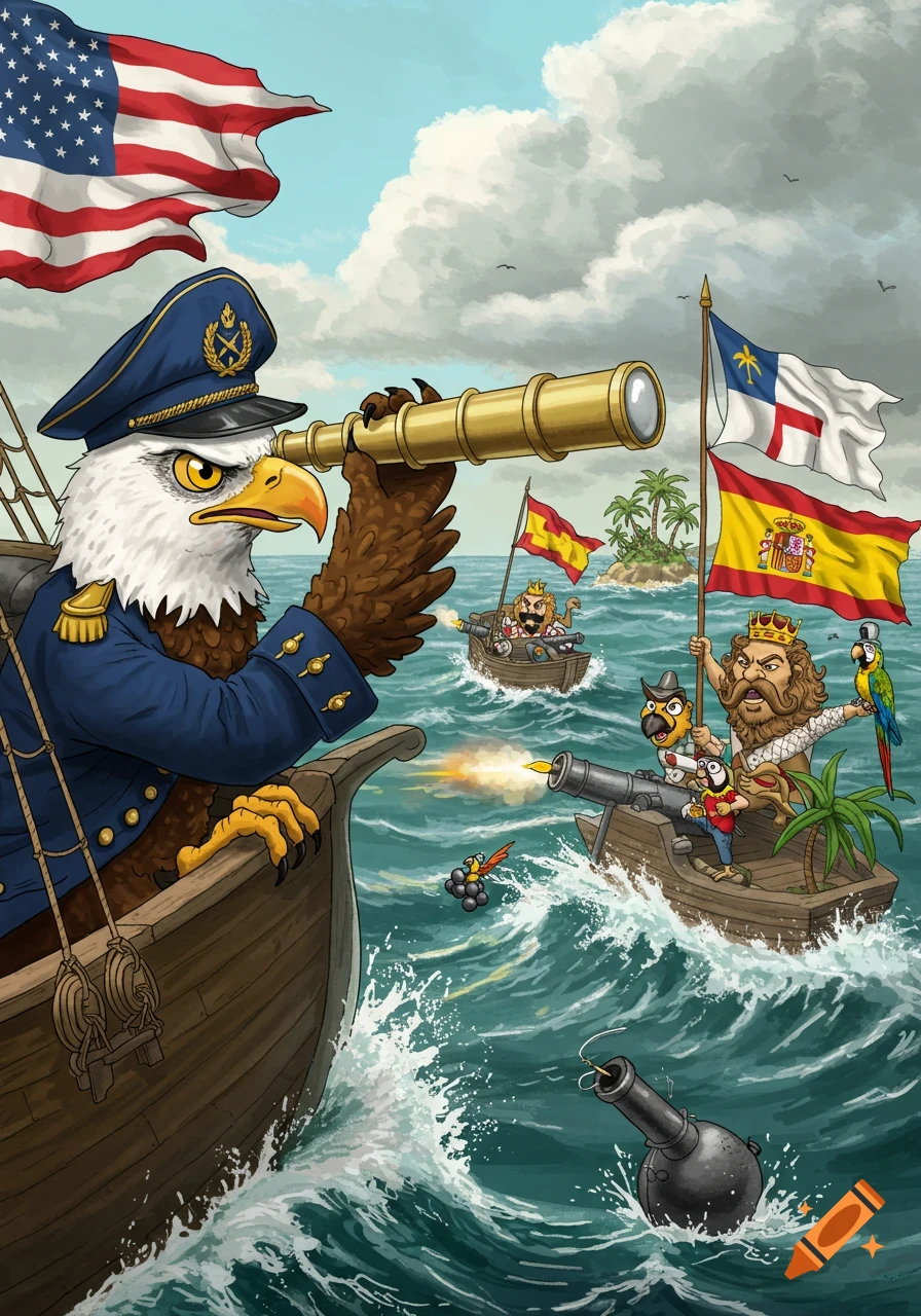A political cartoon depicting an anthropomorphic eagle general on a US ship during a naval battle with other small boats flying Spanish and other flags.
