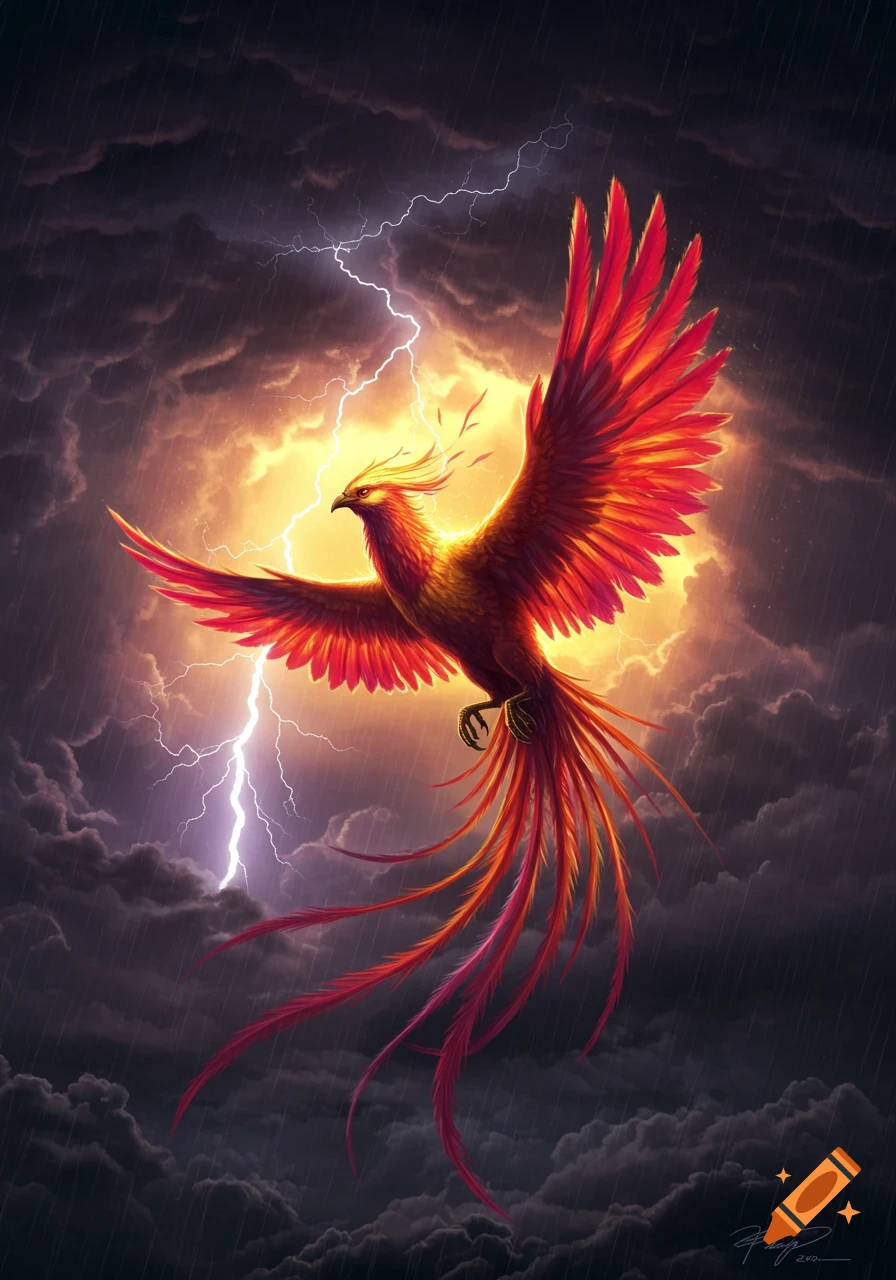 A vibrant red and orange phoenix with spread wings flies through a dark, stormy sky with bright lightning and rain.
