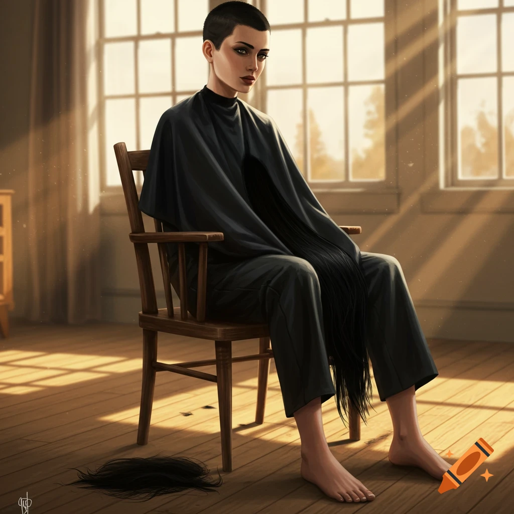 A woman with a buzzcut, draped in a black cape, sits in a wooden chair with cut hair on the floor in a sunlit room. Digital painting.