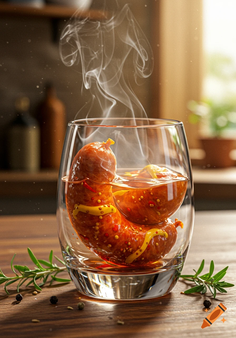 Photorealistic hot sausage in a glass with liquid and mustard, steaming on a wooden table with rosemary and peppercorns.