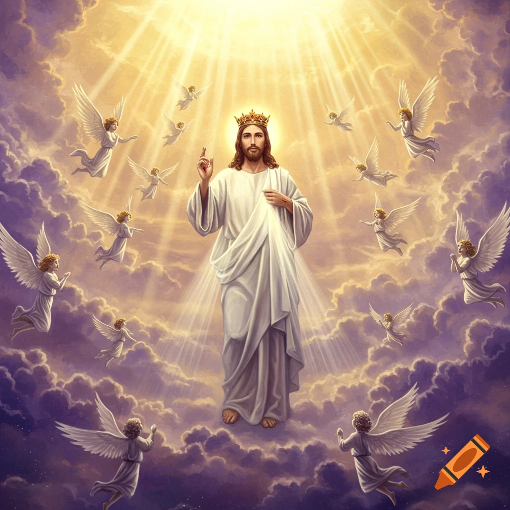 Jesus Christ wearing a crown, surrounded by flying angels in a heavenly sky with radiant light.