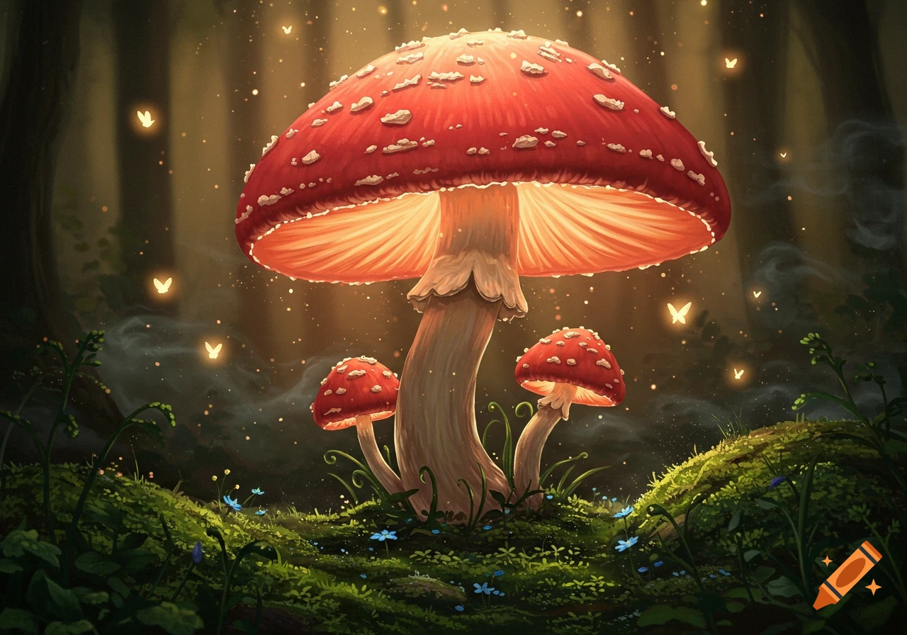 Dreamlike illustration of red and white mushrooms glowing in a magical forest at dusk, surrounded by fireflies, moss, and small blue flowers.
