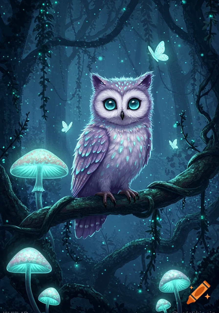 A cute, purple and white owl with large, glowing blue eyes sits on a mossy branch in a dark, magical forest with glowing blue mushrooms and butterflies.