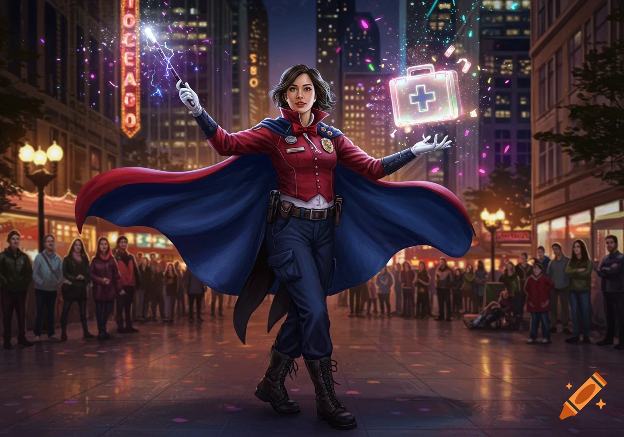 A female paramedic superhero in a red and blue uniform with a cape, conjuring a glowing first-aid kit with a magic wand on a sparkling city street at night.