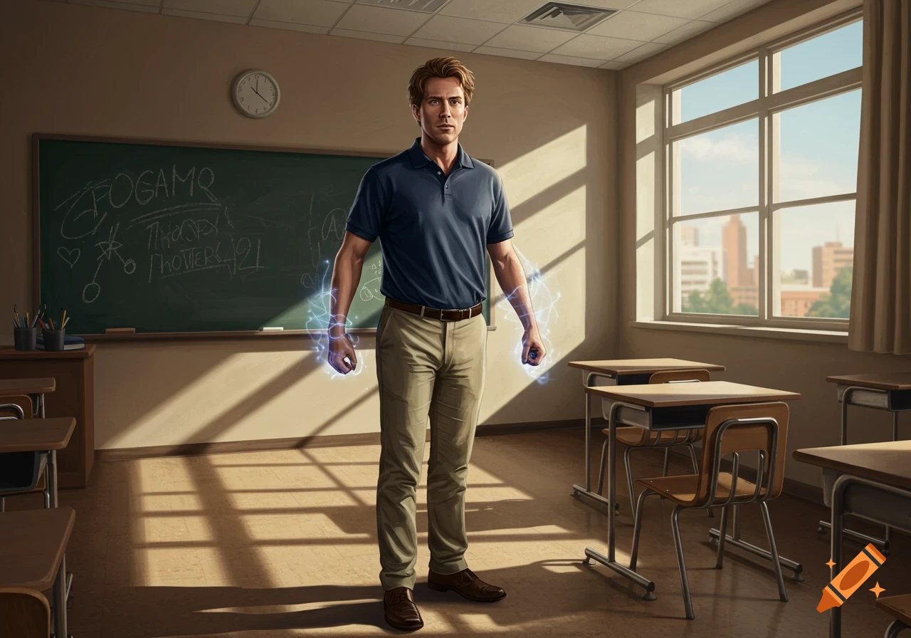 A strong, dirty blonde man in a blue polo and khakis stands in a sunlit classroom, blue energy crackling around his hands, hinting at a hidden superhero identity.