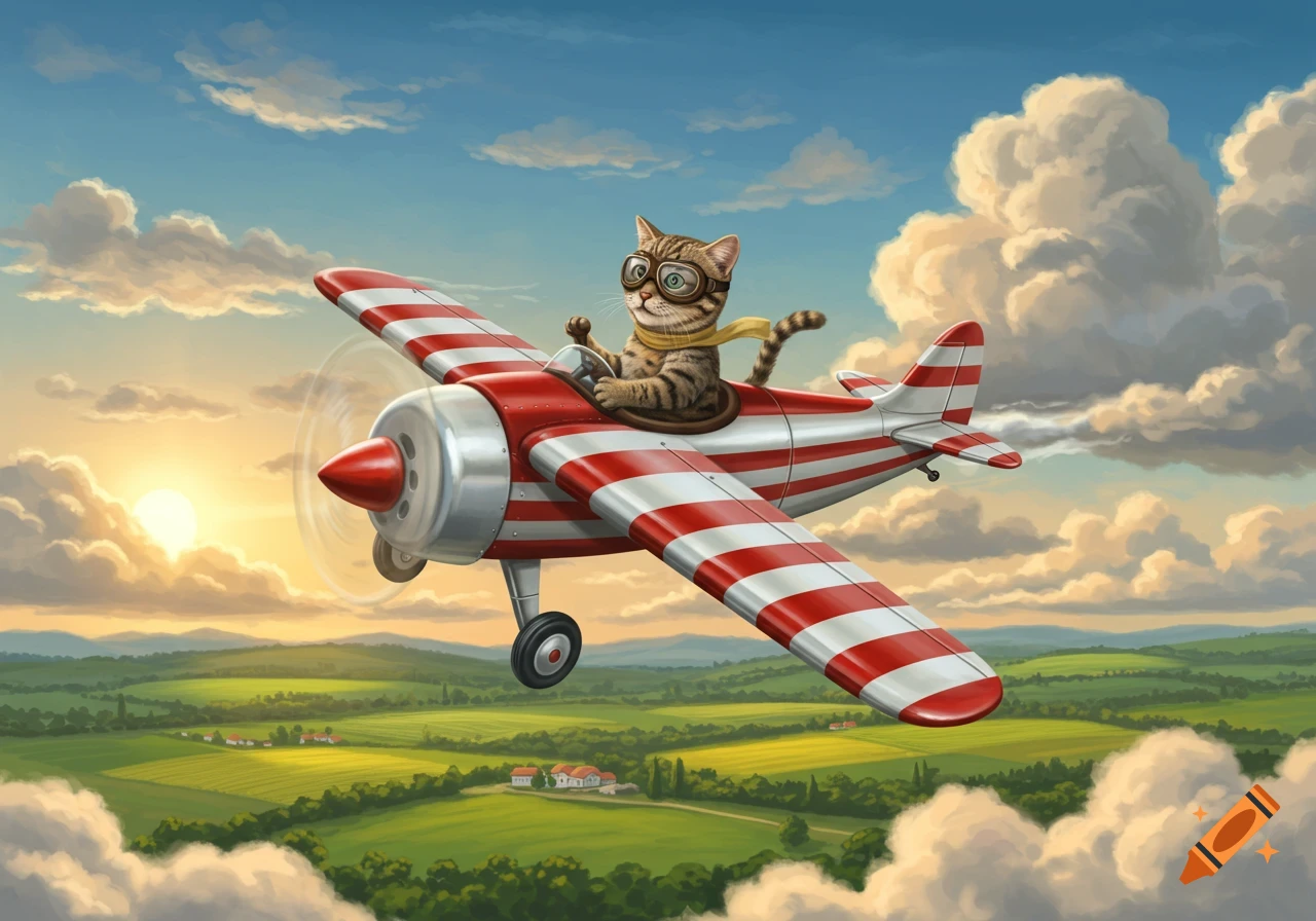 A cartoon tabby cat in goggles and a scarf pilots a red and white biplane over a green landscape at sunset, with fluffy clouds.