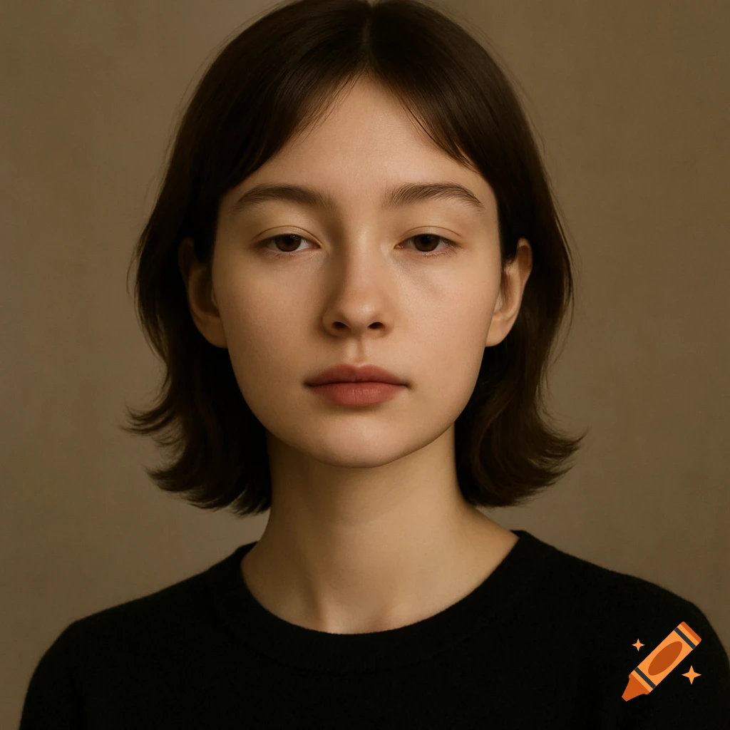A photorealistic portrait of a young woman with short brown hair and a black top, looking directly at the viewer.