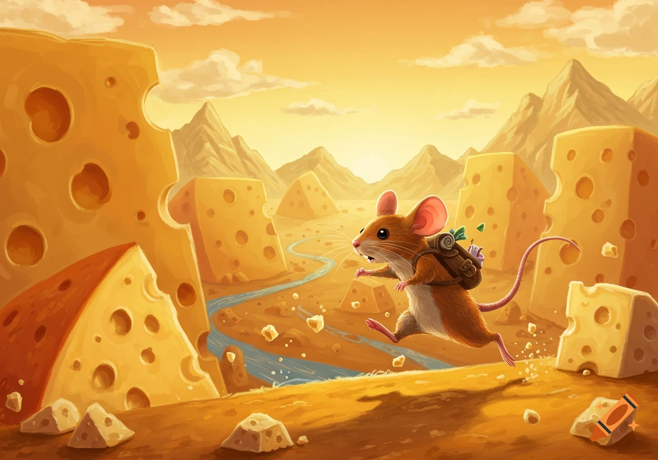 A cartoon mouse with a backpack scurries through a surreal landscape of giant cheese wedges and mountains under an orange sky.