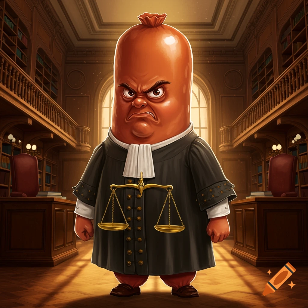 A very angry, fat sausage character in a judge's robe holding scales of justice, standing in a grand courtroom.