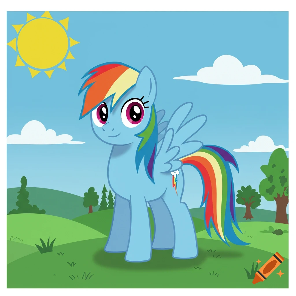 A cartoon light blue pony with a rainbow mane and tail stands in a green field under a blue sky with a sun and clouds.