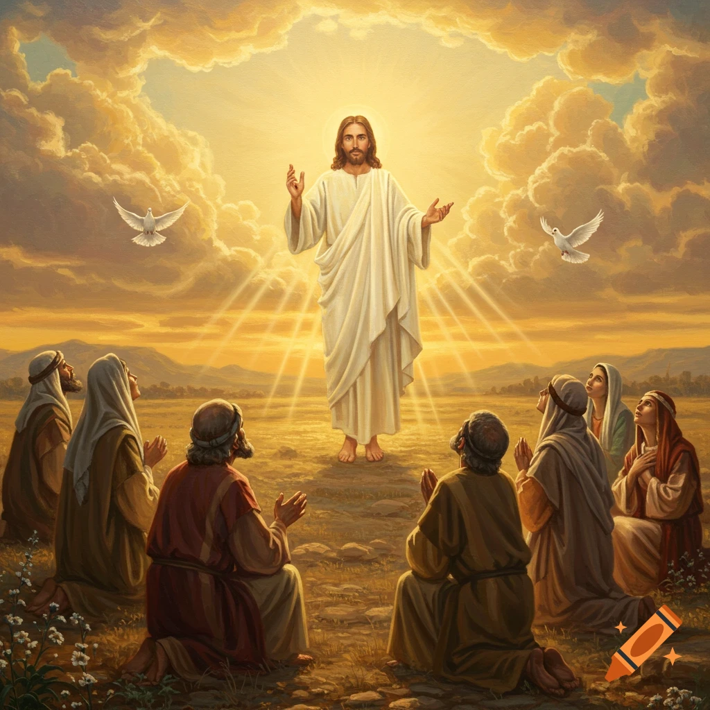 Luminous biblical painting of Jesus Christ standing, surrounded by light, as disciples kneel before him under a golden sky with doves.