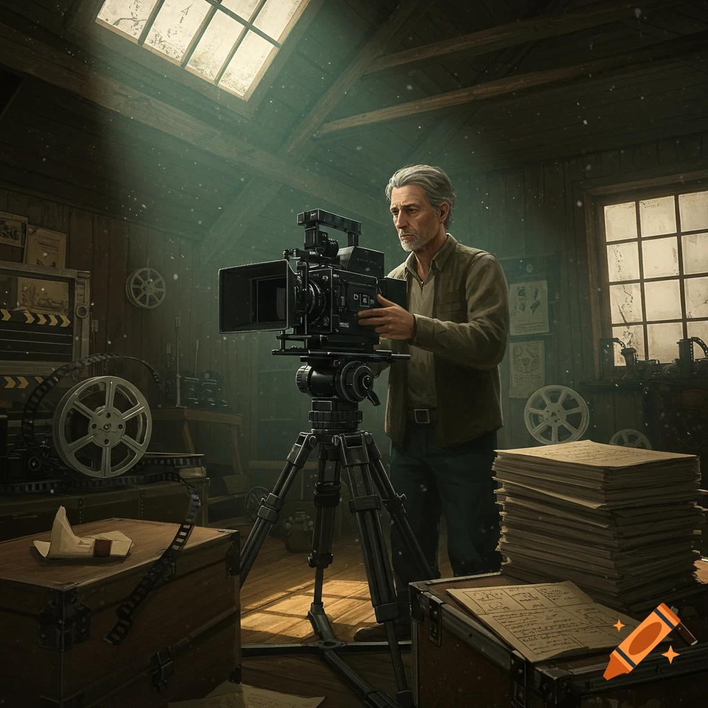 A man adjusts a vintage film camera on a tripod in a dusty, dimly lit attic studio filled with old film equipment. Photorealistic style.