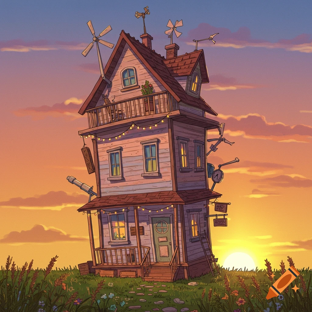 A whimsical, leaning multi-story house with windmills and string lights, in a field at sunset. Cartoon illustration.