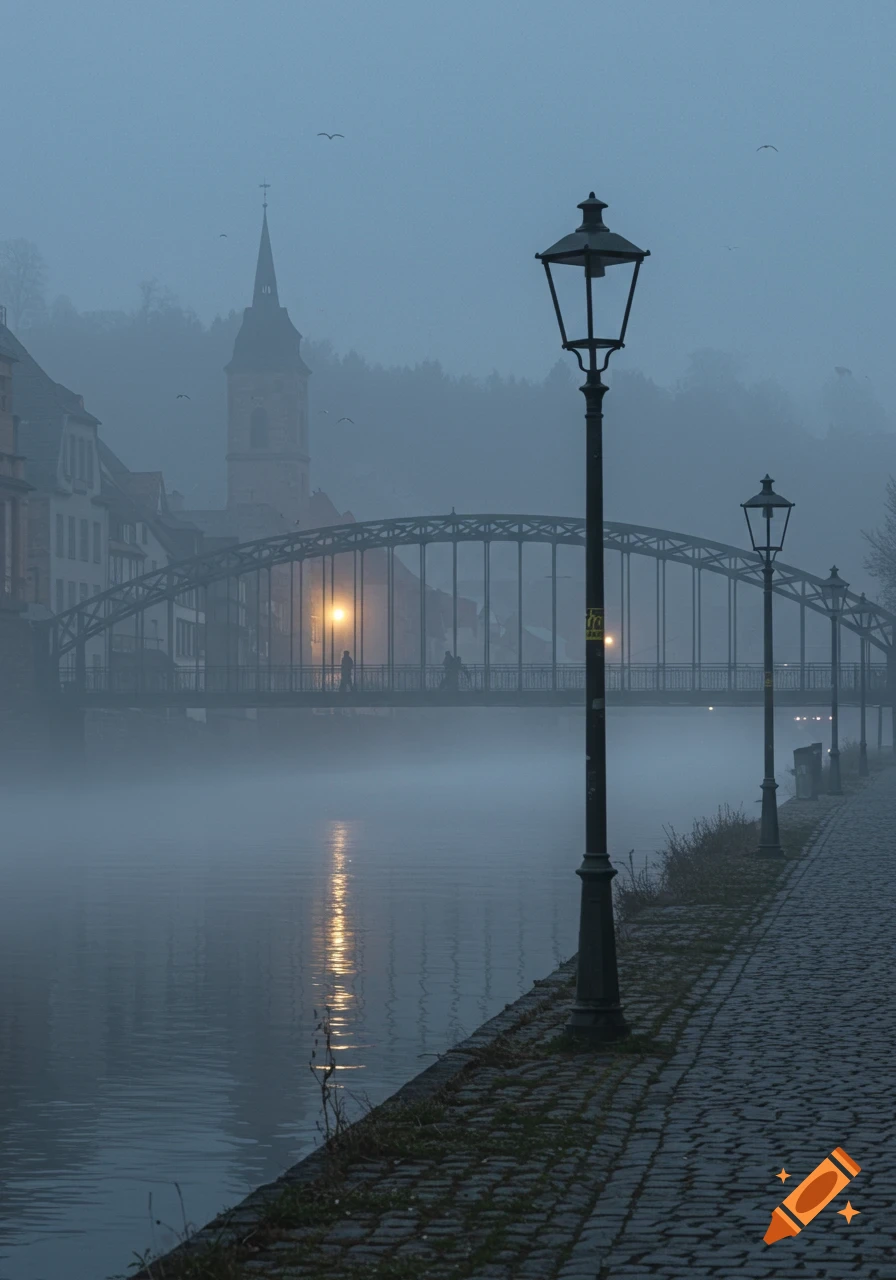 A misty European city scene at dusk with a river, an arched bridge, a distant church, and lampposts along a cobblestone path.