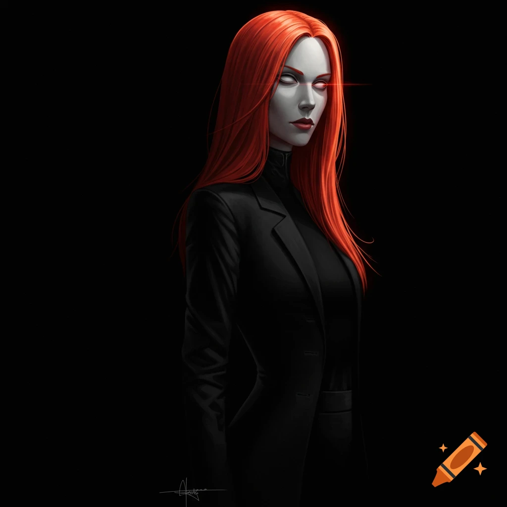 A pale-skinned woman with long red hair and glowing red eyes, wearing a black suit, stands against a dark background in digital art style.