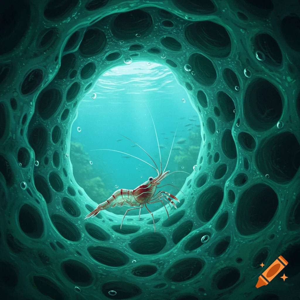 A red and white striped shrimp swims inside a dark teal, porous sea sponge tunnel, looking out into clear blue ocean water.