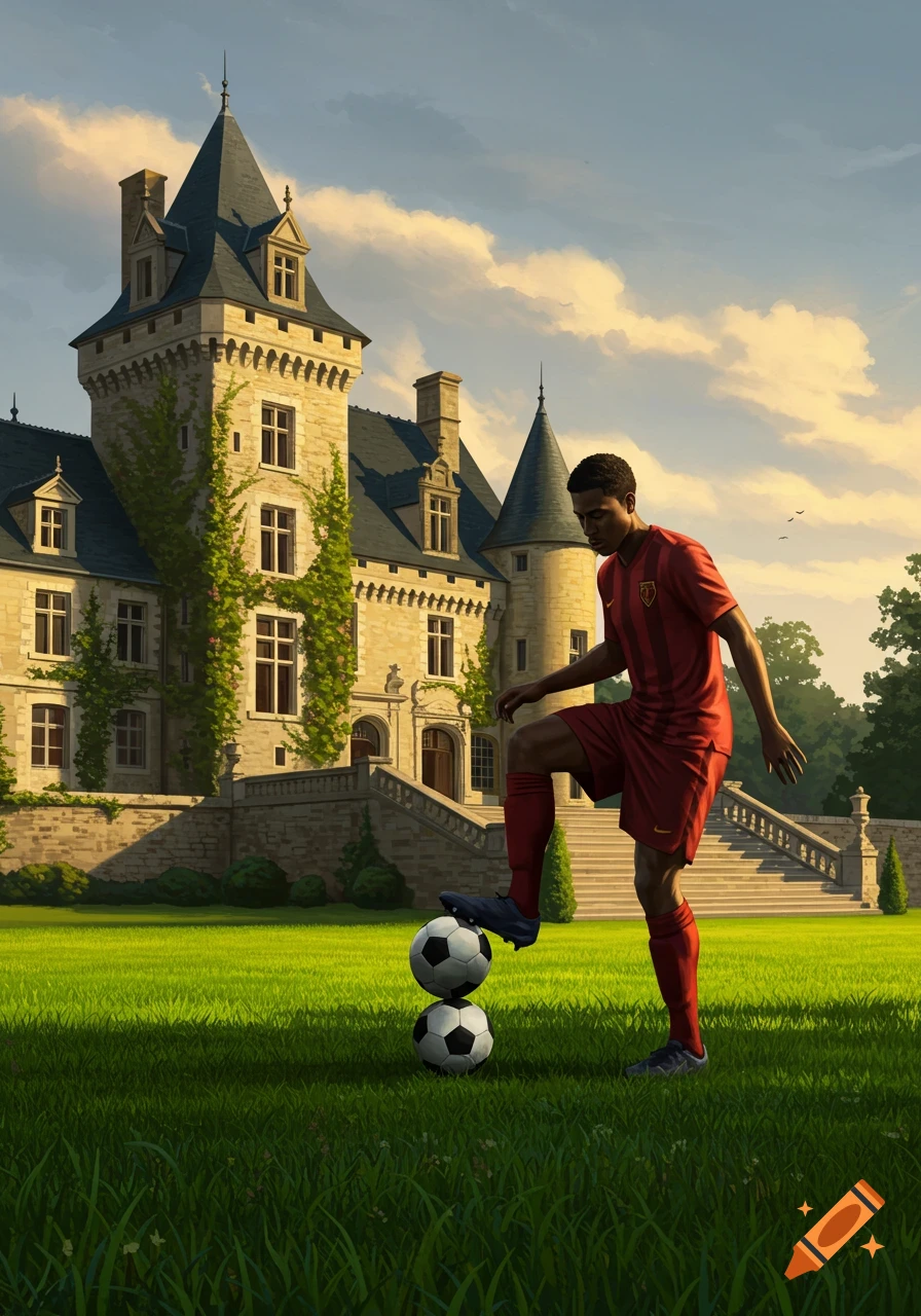 A soccer player in a red uniform balances on two stacked soccer balls on a green lawn in front of a grand castle.