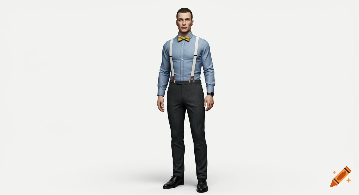 Photorealistic full-body shot of a man in a blue shirt, cream suspenders, yellow bow tie, charcoal trousers, and black shoes on a white background.