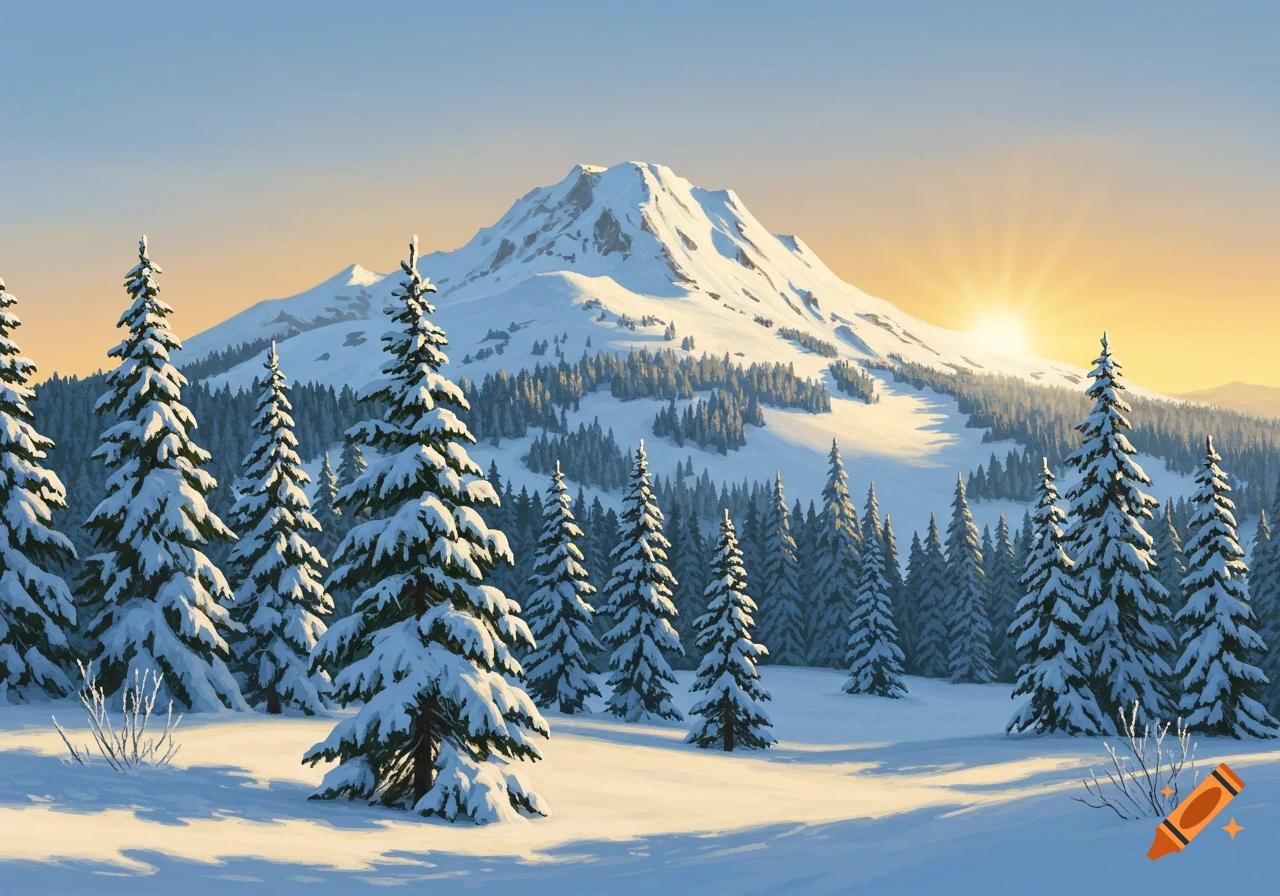 A serene snowy mountain landscape with numerous snow-covered fir trees and a bright sunrise in the background.