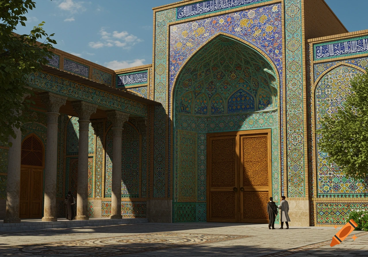 Photorealistic image of a grand traditional Iranian university entrance with intricate mosaic tiles and calligraphy, two figures stand by large wooden doors.