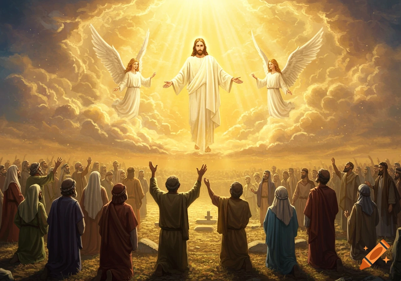 Jesus descends from a golden, radiant sky with two angels, while a crowd of people look up with hands raised in a vibrant illustrative style.