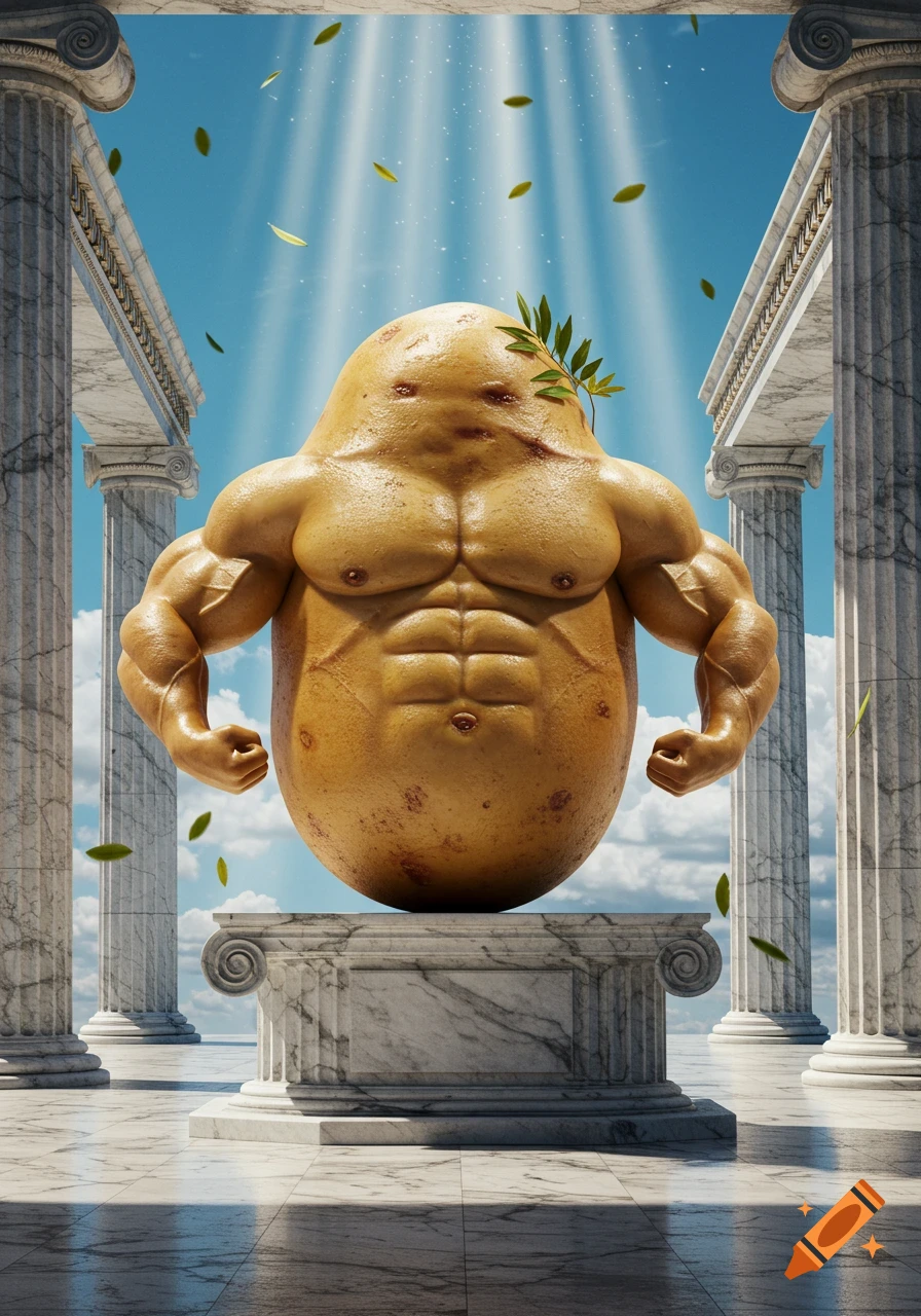 A buff, muscular potato with abs and a laurel wreath stands on a marble pedestal under light rays in a Greek temple.