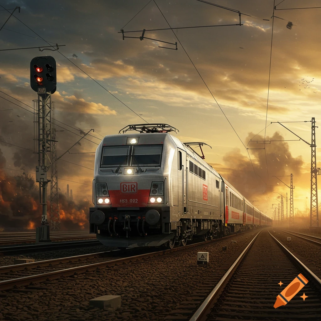 A modern silver and red train moves along tracks at sunset, with a red signal light and dramatic smoke or clouds in the background.