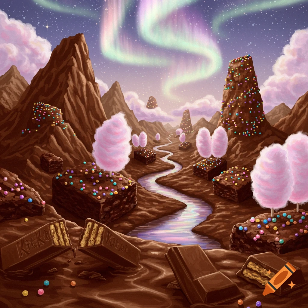 A whimsical candy landscape featuring chocolate mountains, rivers, cotton candy trees, brownie islands, and large Kit Kat bars under an aurora borealis sky.