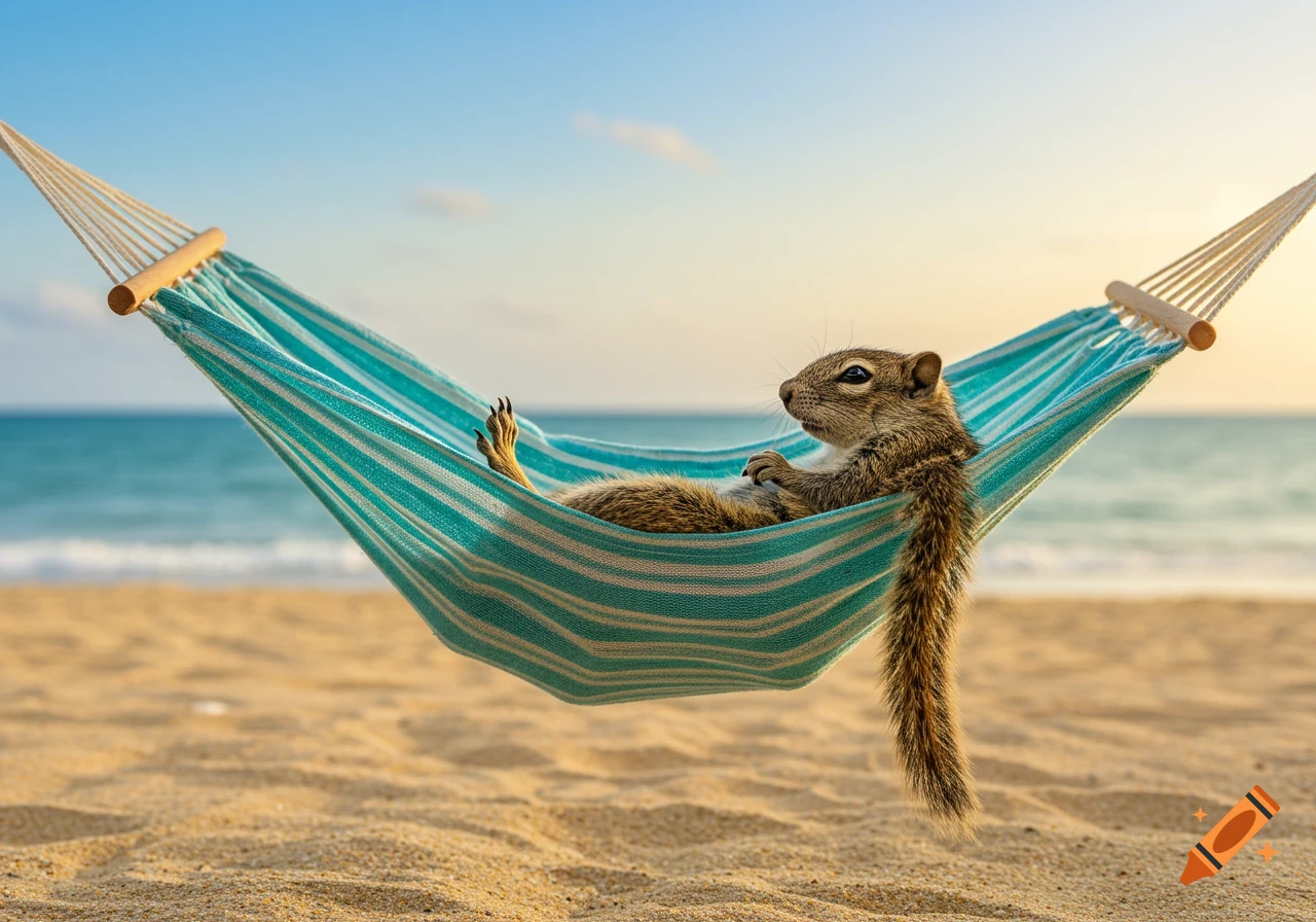 Photorealistic squirrel relaxing in a striped hammock on a sunny beach with gentle waves and clear sky.