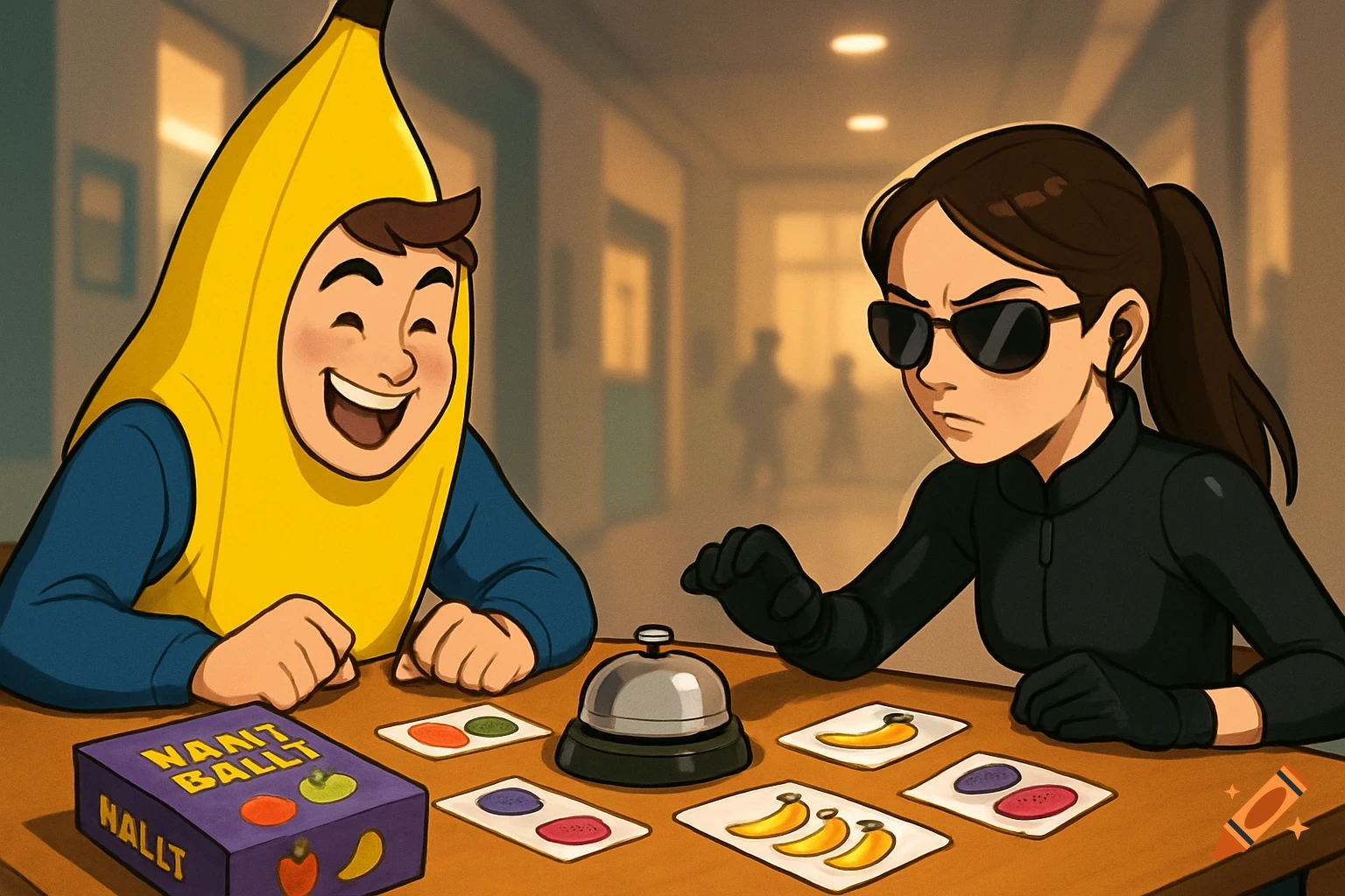 A cartoon of a boy in a banana costume and a girl in a spy outfit playing a fruit-themed card game with a bell.