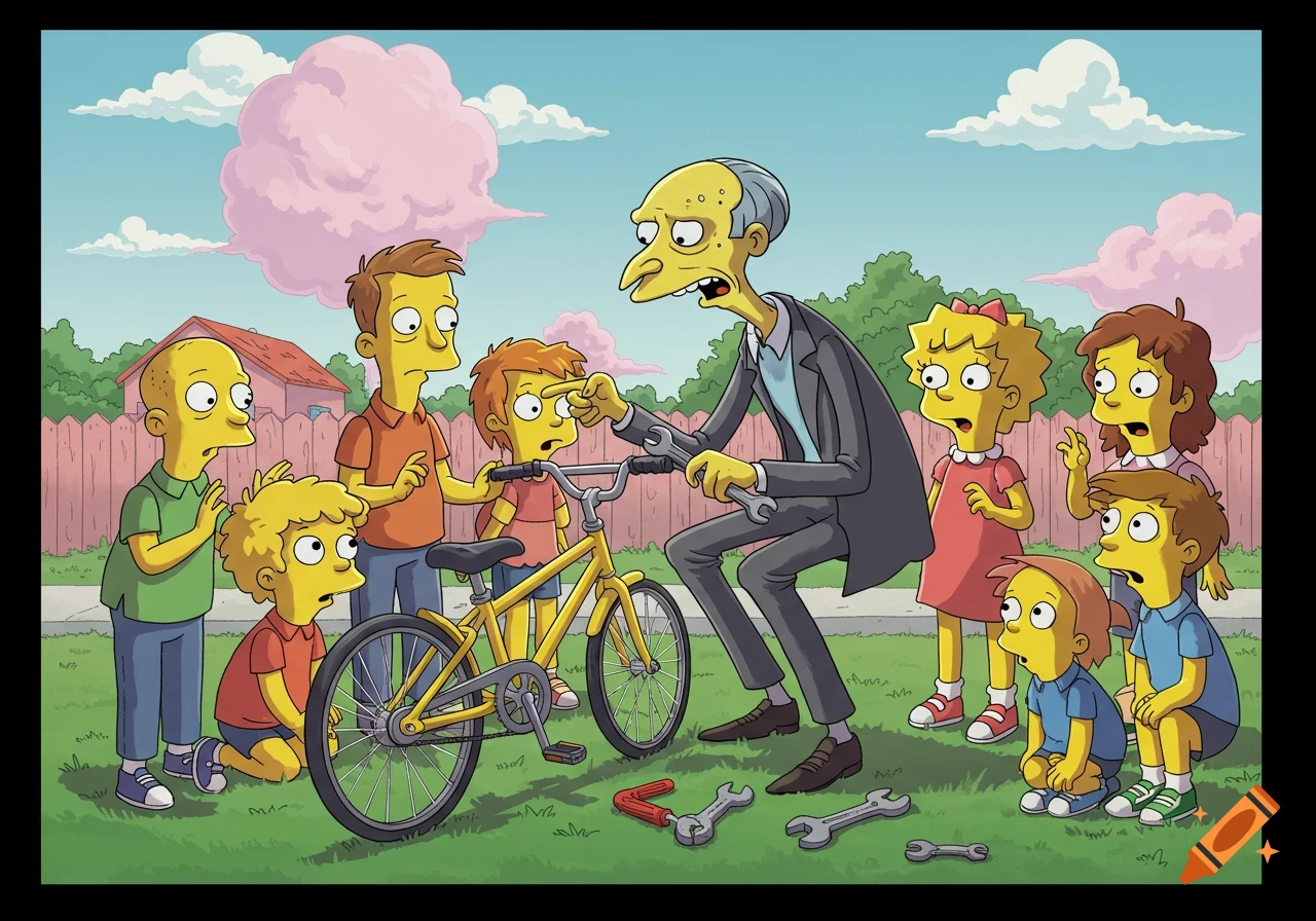 Mr. Burns from The Simpsons repairs a yellow bicycle, surrounded by curious children in a sunny outdoor scene, cartoon style.
