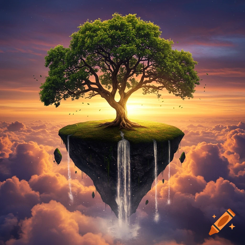 A majestic tree on a floating island with waterfalls, suspended above clouds under a colorful sunset sky.