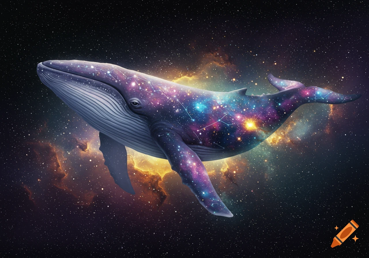 A galaxy whale, made of stars and nebulae, swims in a dark cosmic background with colorful clouds.