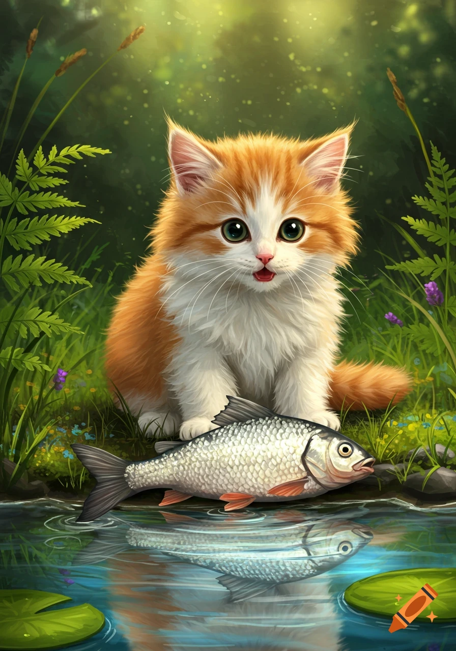 A cute fluffy orange and white kitten sits by a pond with a silver fish in front of it, reflecting in the water, in a lush green forest.