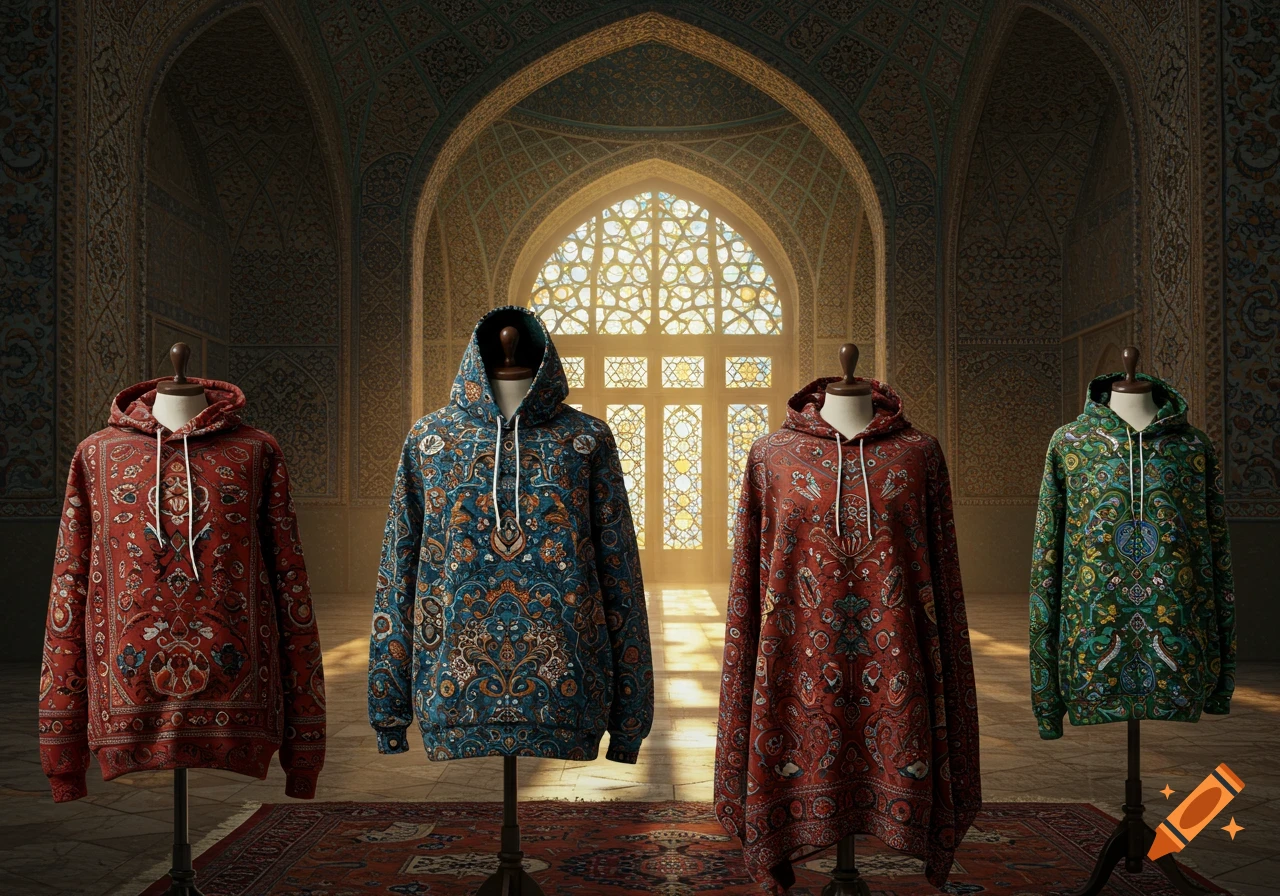 Four mannequins wear hooded sweatshirts with intricate Persian rug patterns in red, blue, and green, within an ornate Islamic architectural hall.